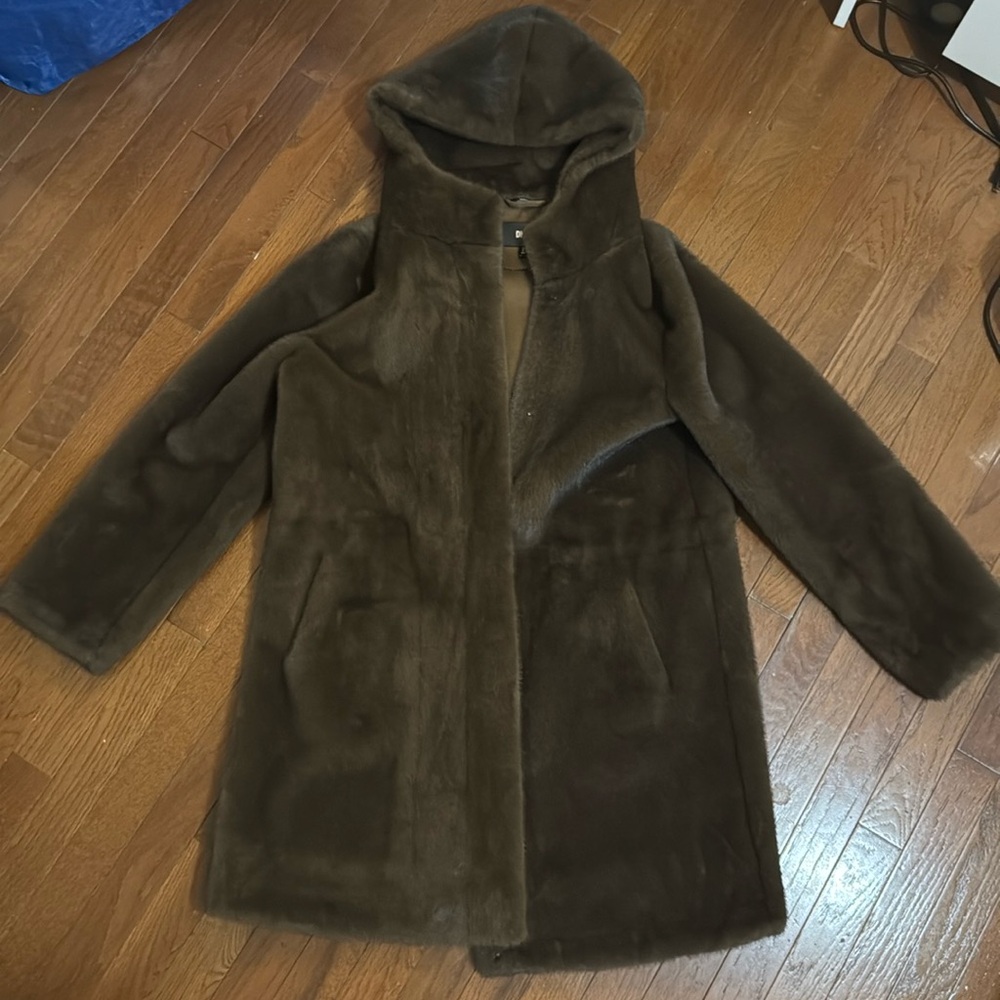 DKNY women’s mid length brown faux fur coat
